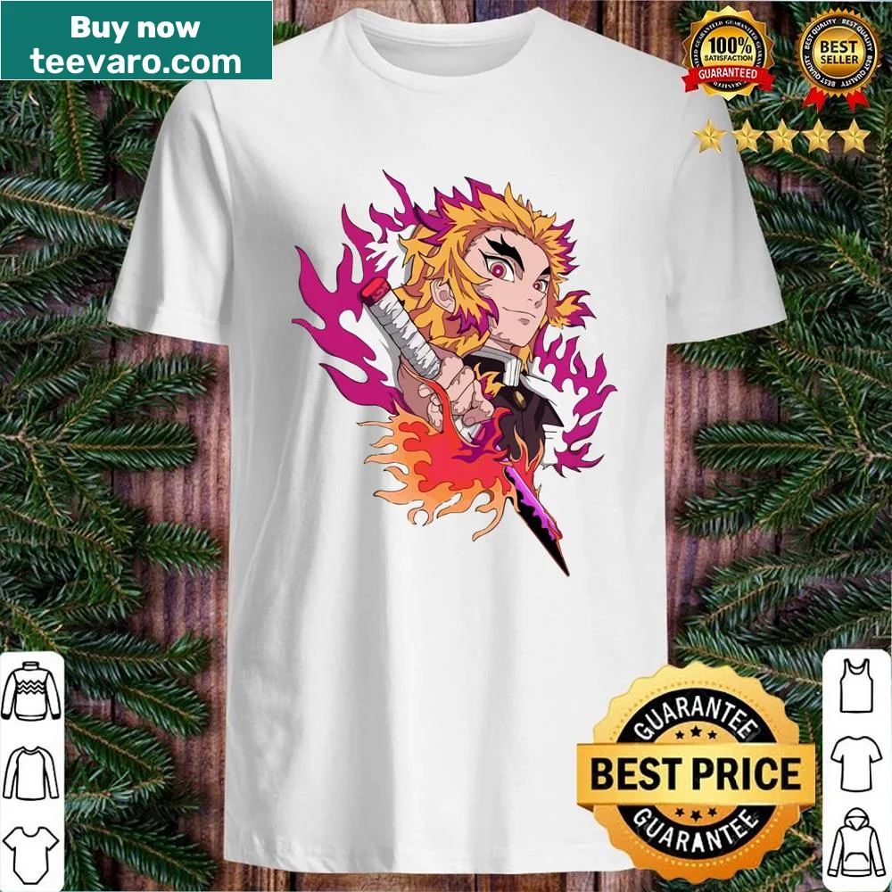 Bold illustration of a demon killer in crimson with flames
