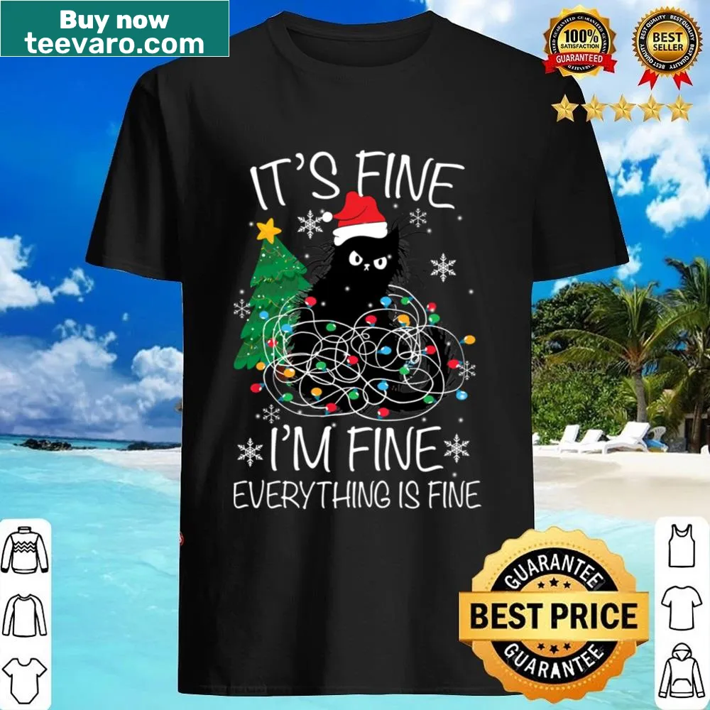 Humorous cat-themed festive shirt with Christmas lights and text