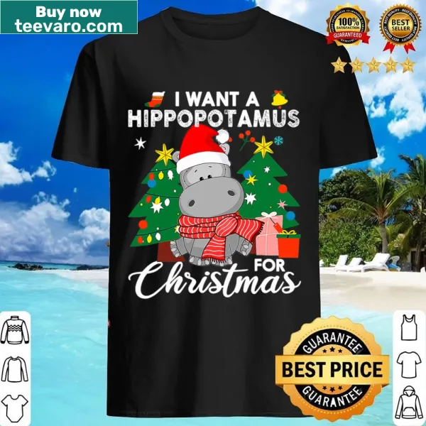 Cartoon hippo with a holiday message on a cute shirt for kids