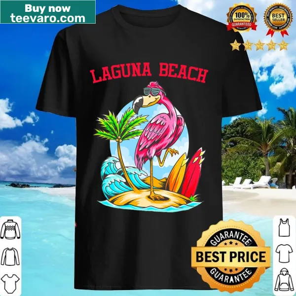 Illustration of a flamingo and waves on a beach shirt