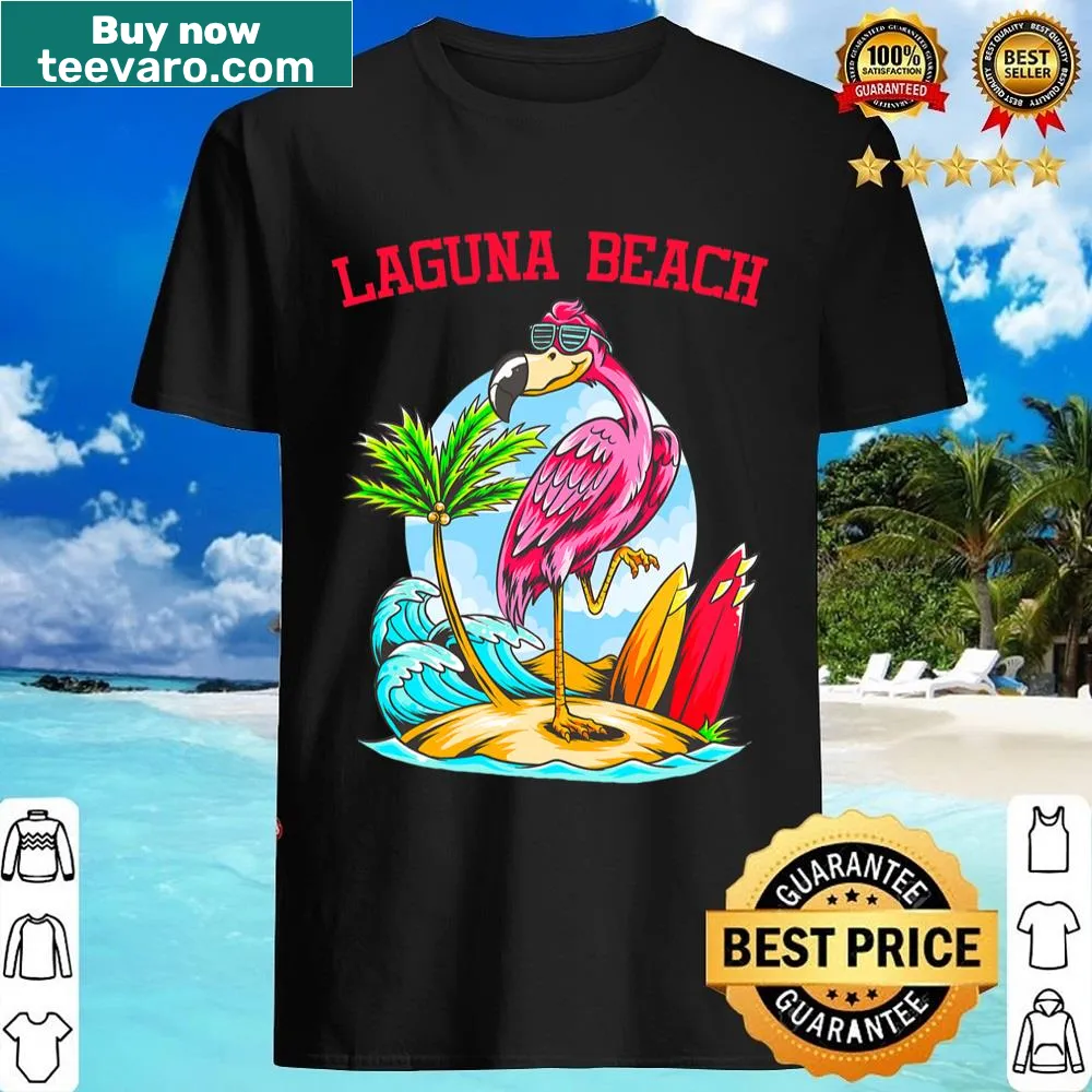 Illustration of a flamingo and waves on a beach shirt