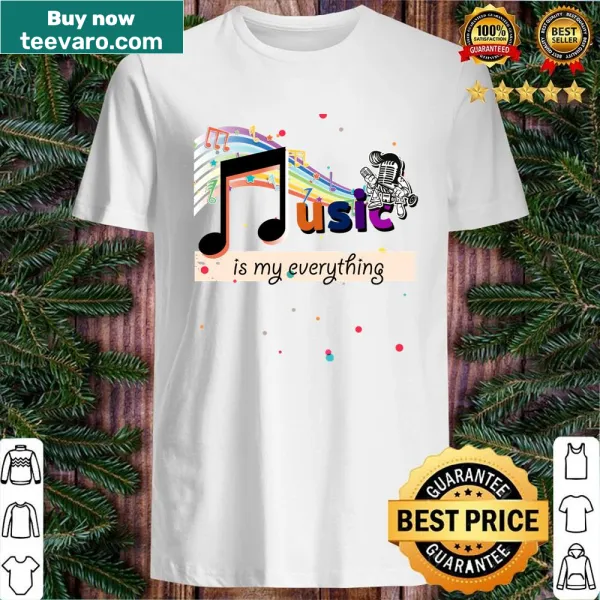 Shirt with a rainbow background and music-themed graphics