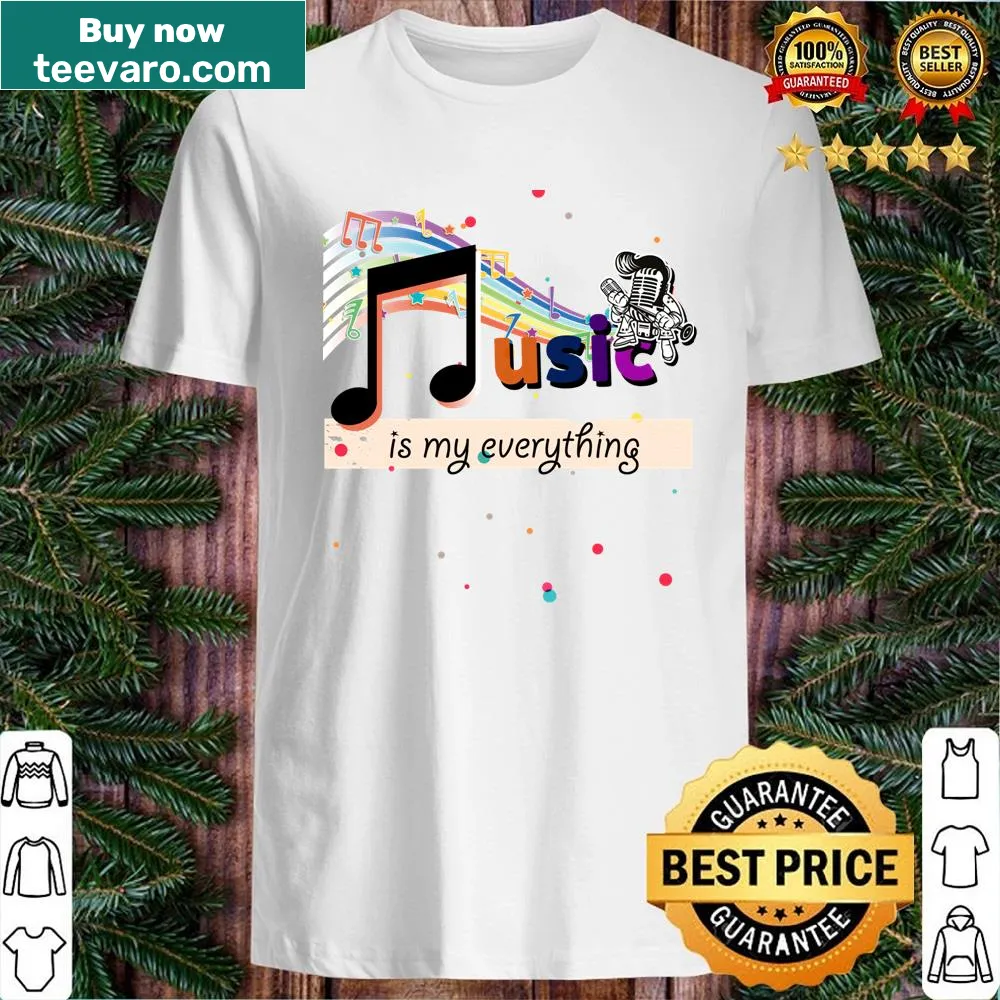 Shirt with a rainbow background and music-themed graphics