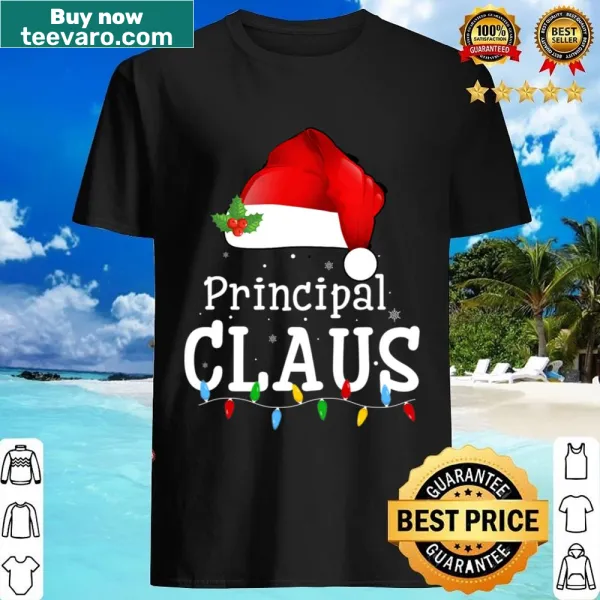 Funny Principal Claus shirt with Santa hat and Christmas lights design