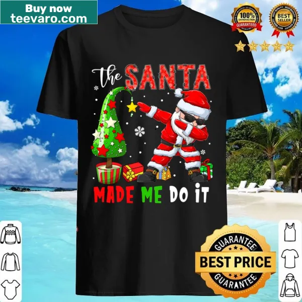 Playful dabbing Santa beside a Christmas tree graphic