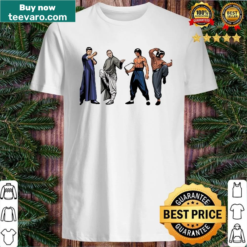 Shirt featuring famous movie characters and kung fu theme.