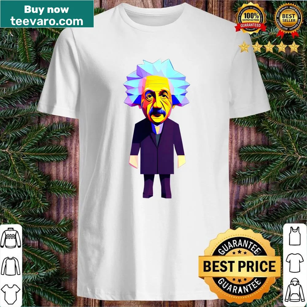 Whimsical illustration of Albert Einstein in a purple suit on a shirt