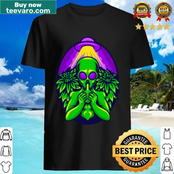 Whimsical alien graphic in a cannabis garden on a smoke shirt