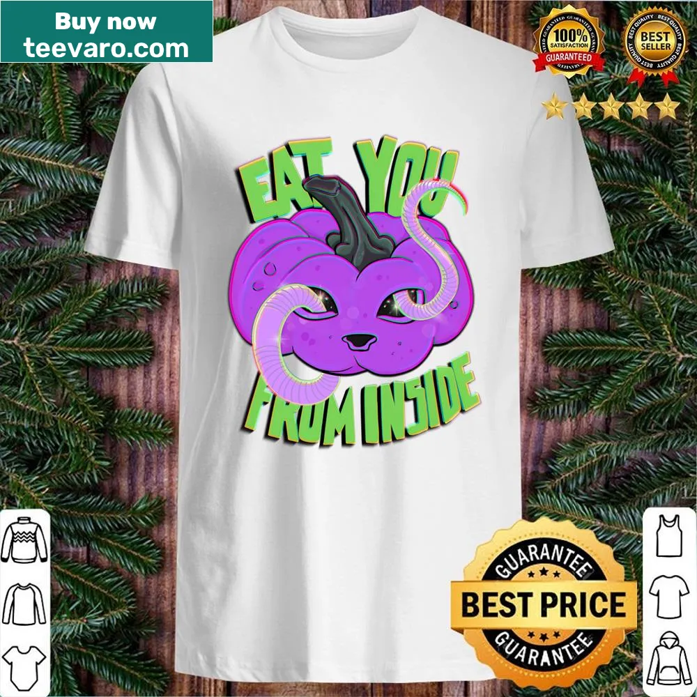 Whimsical cat with an alien pumpkin illustration on a T-shirt.