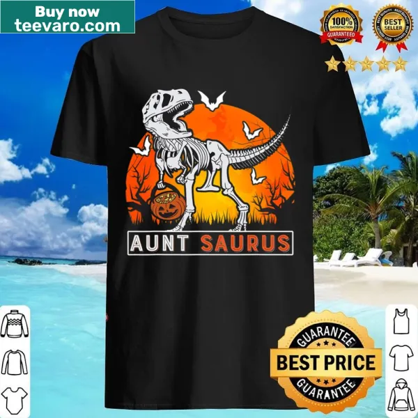 Hilarious Halloween shirt with dinosaur skeleton and 'Auntsaurus' text