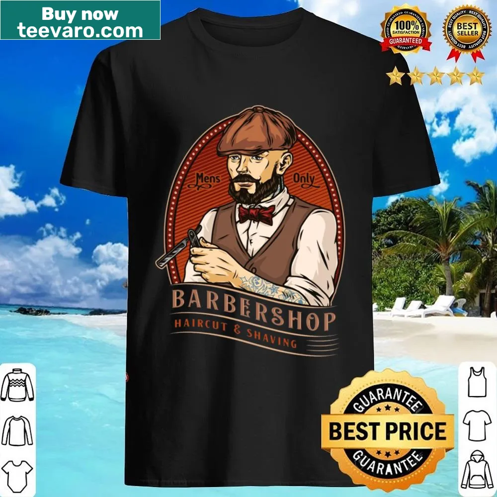 Barbershop themed shirt featuring scissors and shaving tools
