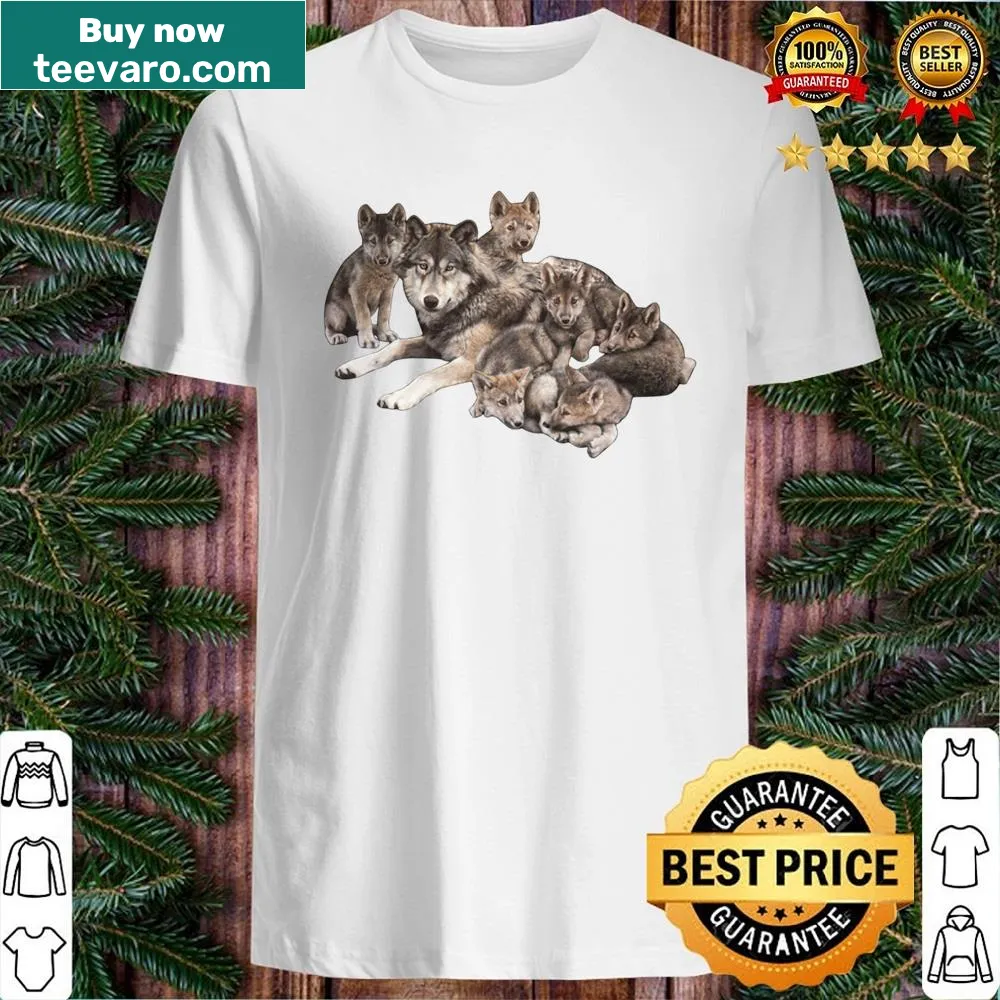 Illustration of a mother wolf with her five adorable puppies
