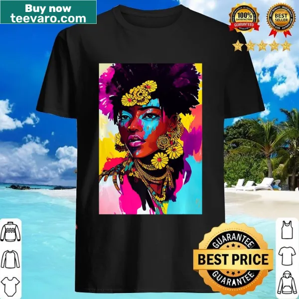 Floral shirt celebrating beauty with 'Melanin Poppin' text.