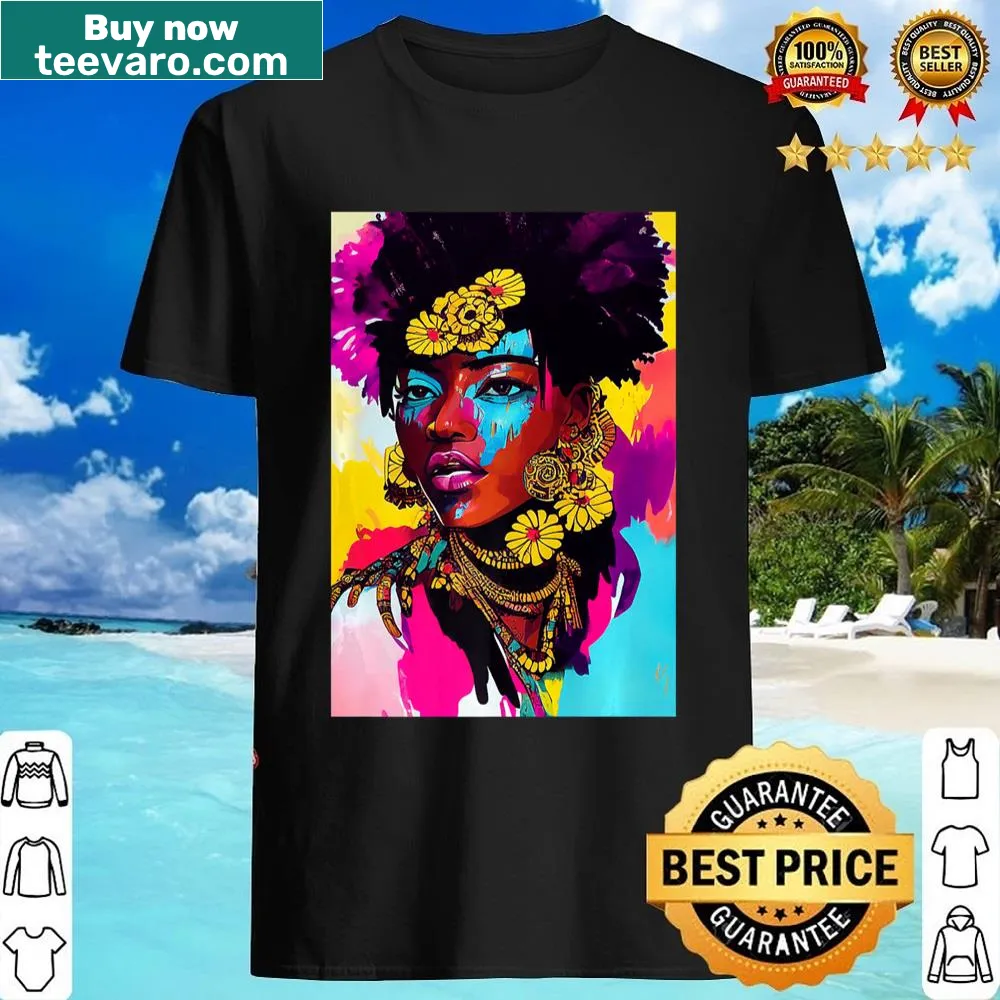 Floral shirt celebrating beauty with 'Melanin Poppin' text.