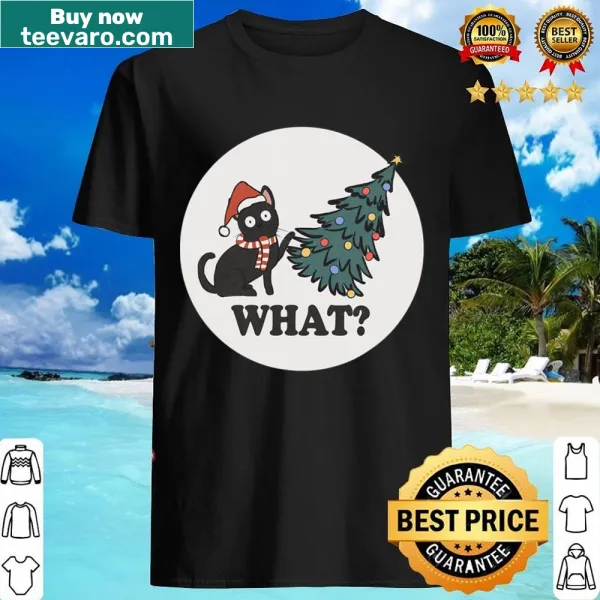 Funny black cat Christmas shirt with Santa hat and tree illustration