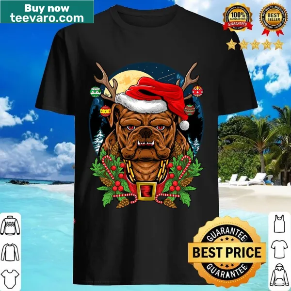 Funny bulldog Christmas shirt with Santa hat and reindeer antlers illustration