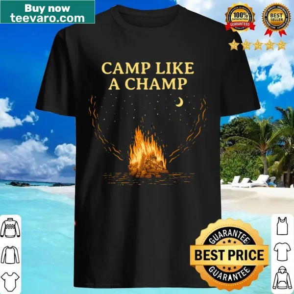 Camping-themed shirt with playful illustration of friends enjoying the outdoors.