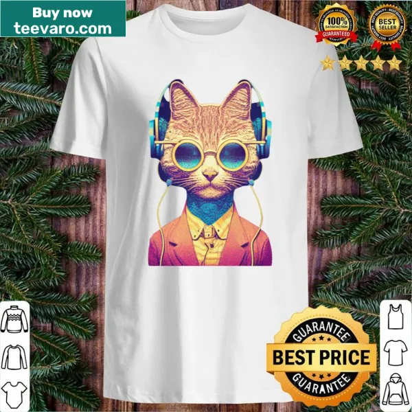 Shirt with a funny graphic of a cat playing with music