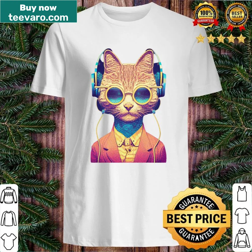 Shirt with a funny graphic of a cat playing with music