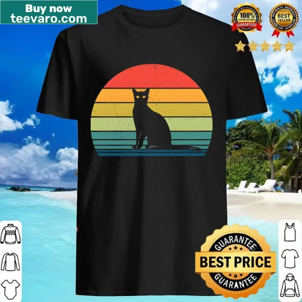 Vintage-style shirt featuring a cat silhouette against a sunset