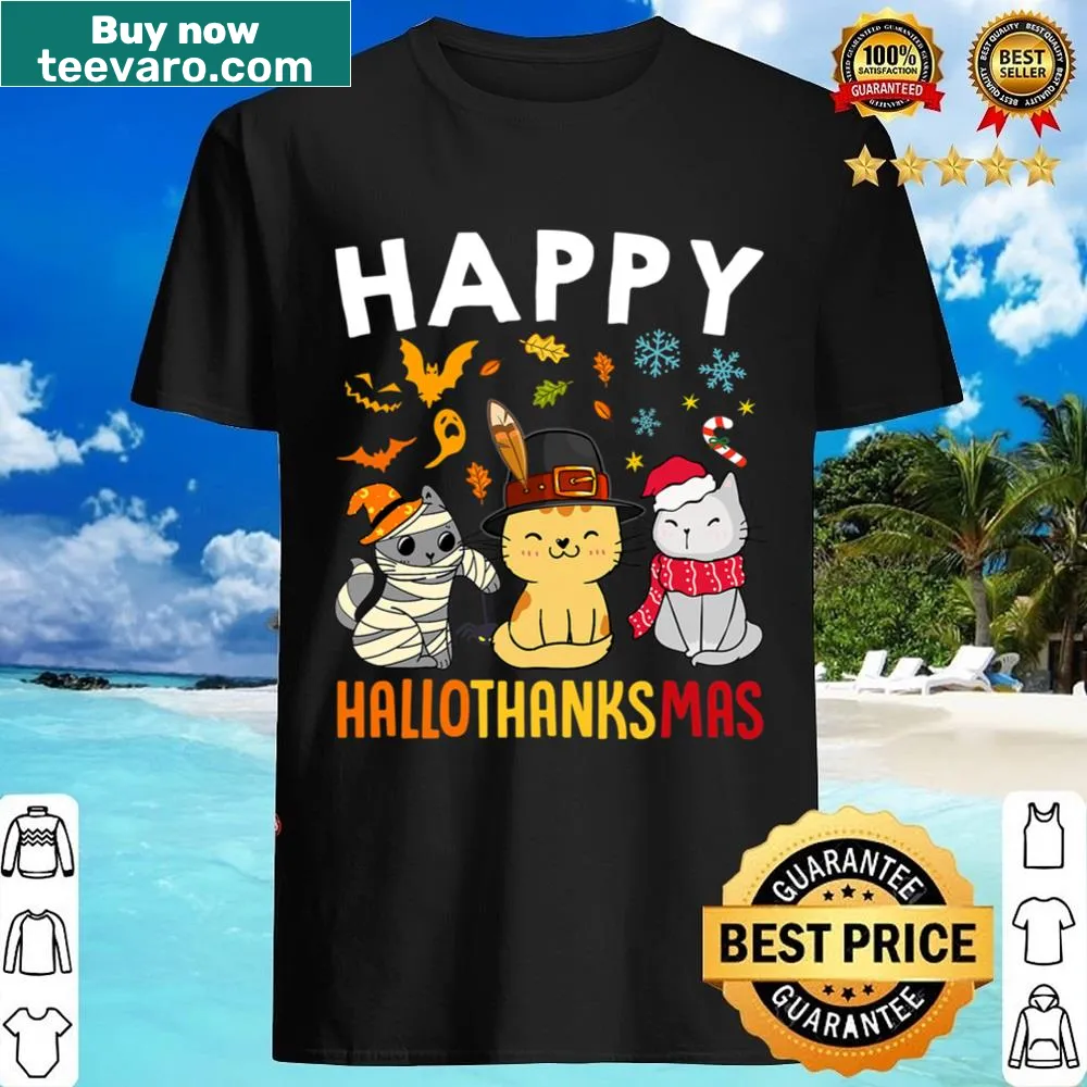 Funny shirt combining Thanksgiving and Christmas themes with cats