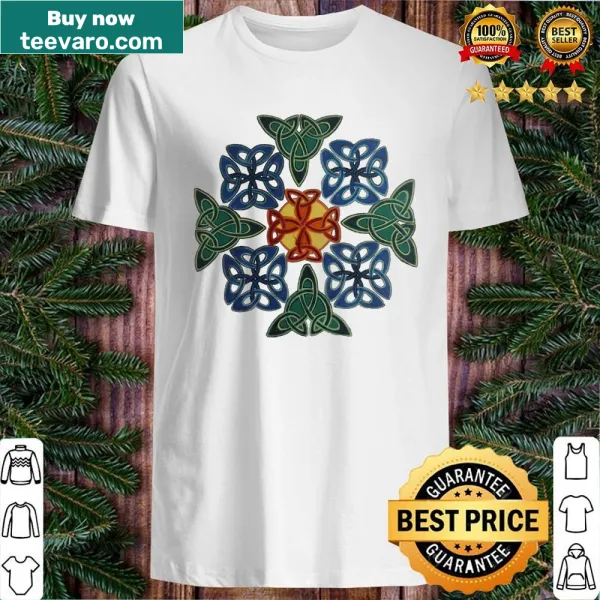 T-shirt featuring an abstract Celtic knot graphic.