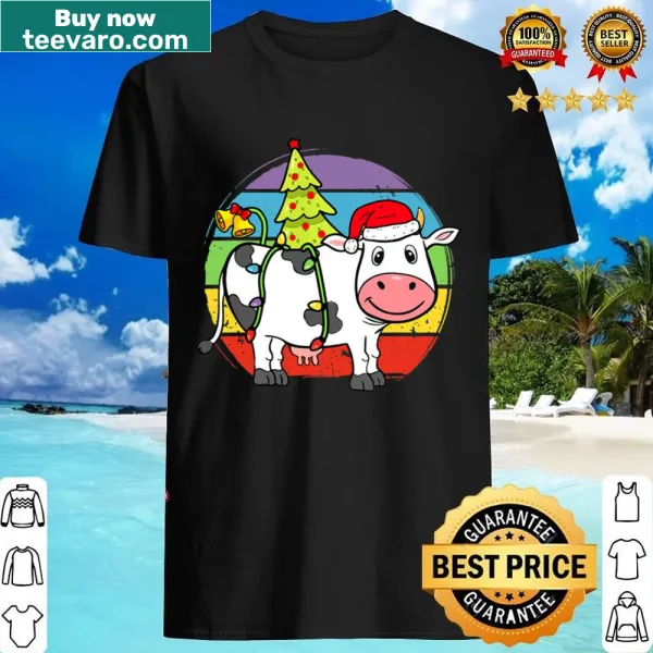 Cute Christmas Cow shirt with Santa hat and lights illustration
