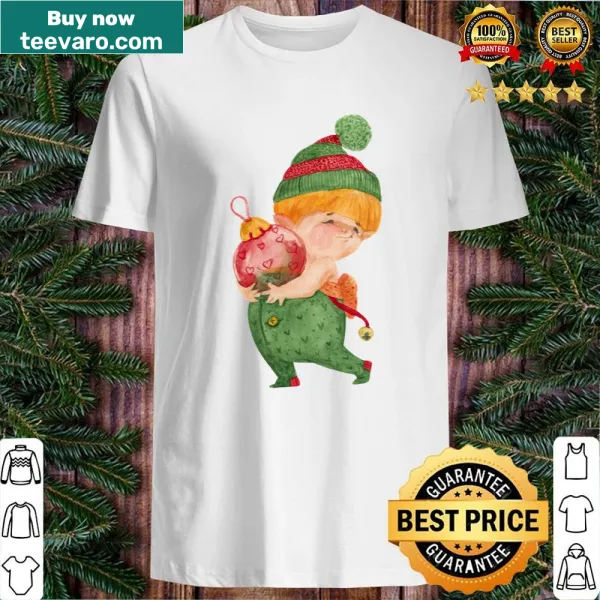 Festive elf carrying a Christmas ball illustration on a T-shirt.