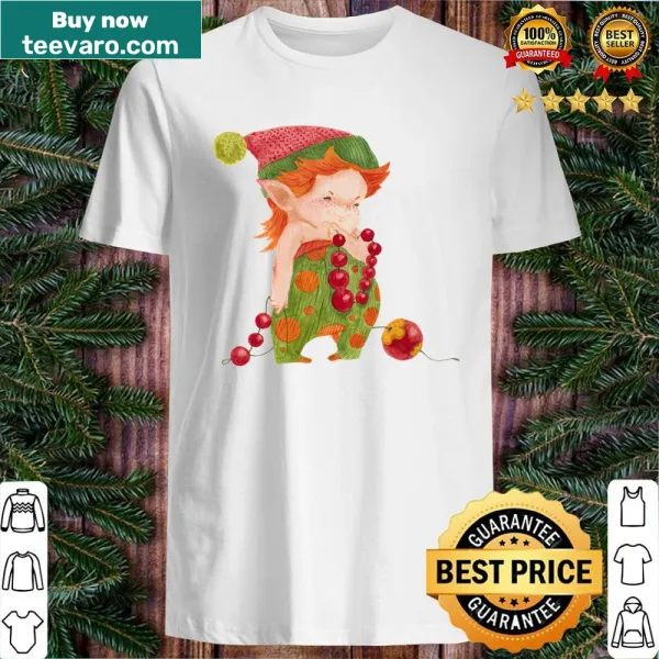 Whimsical illustration of an elf decorating a Christmas tree