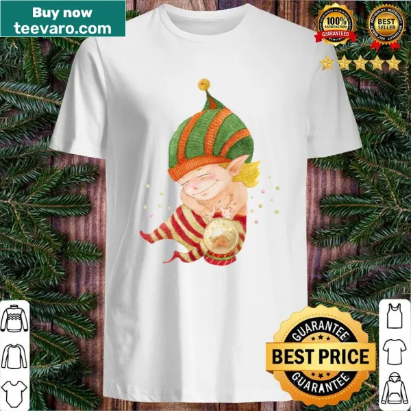 Illustration of a Christmas elf with a crystal ball on a festive shirt