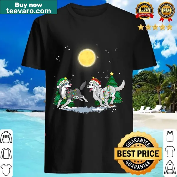 Christmas shirt featuring Santa, an elf, and a husky dog in cartoon style