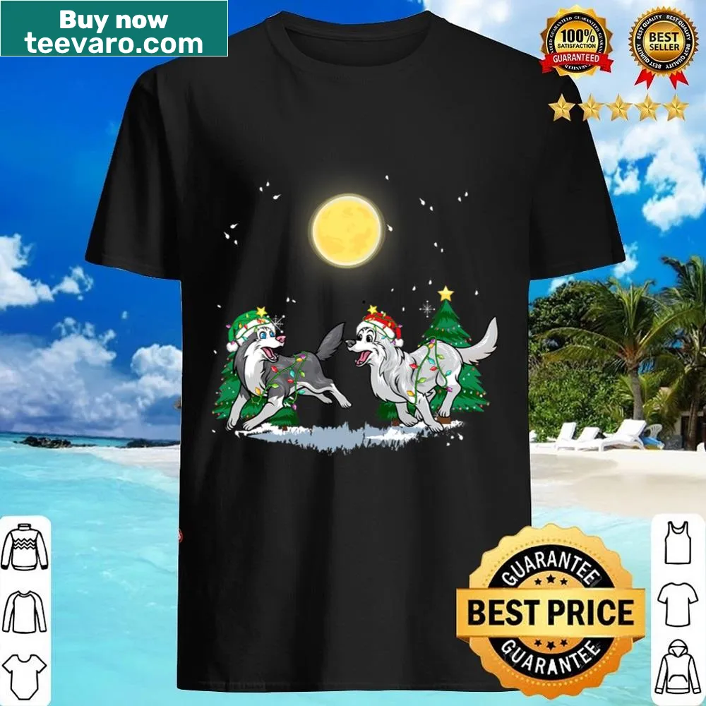 Christmas shirt featuring Santa, an elf, and a husky dog in cartoon style