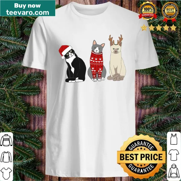 Festive shirt featuring a cat with a Santa hat and reindeer antlers