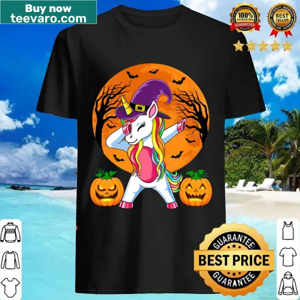 Whimsical witchy unicorn graphic on Halloween shirt for girls