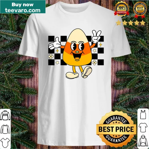 Retro Halloween shirt for kids featuring candy corn and pumpkins