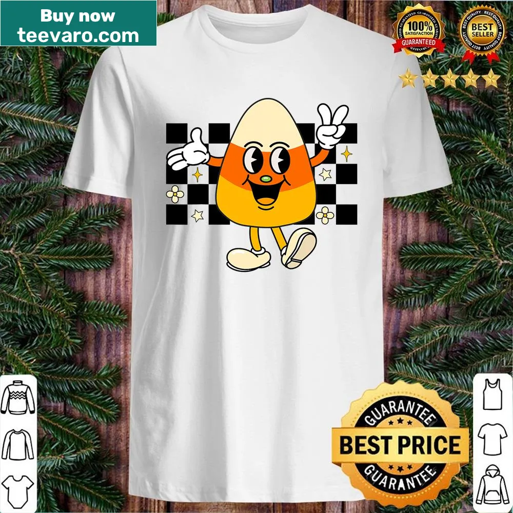 Retro Halloween shirt for kids featuring candy corn and pumpkins