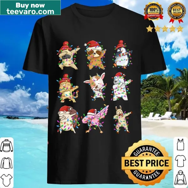 Humorous dabbing Christmas tree shirt for kids featuring lights.