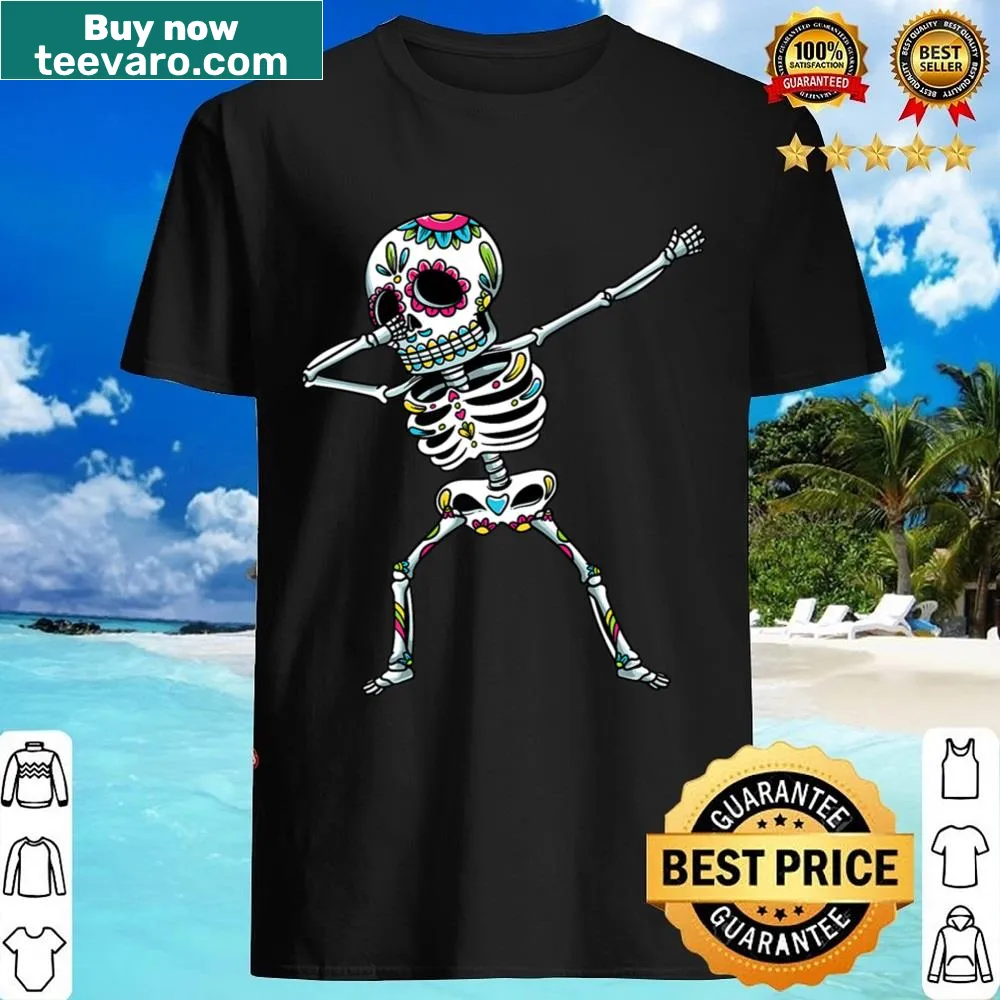 Dabbing skeleton with sugar skull design for Halloween celebration.