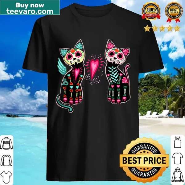 Illustration of cats celebrating Dia De Los Muertos.