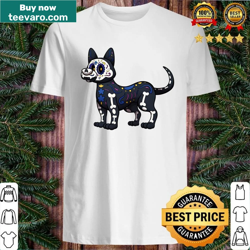 Day of the Dead dog shirt featuring a decorated sugar skull design