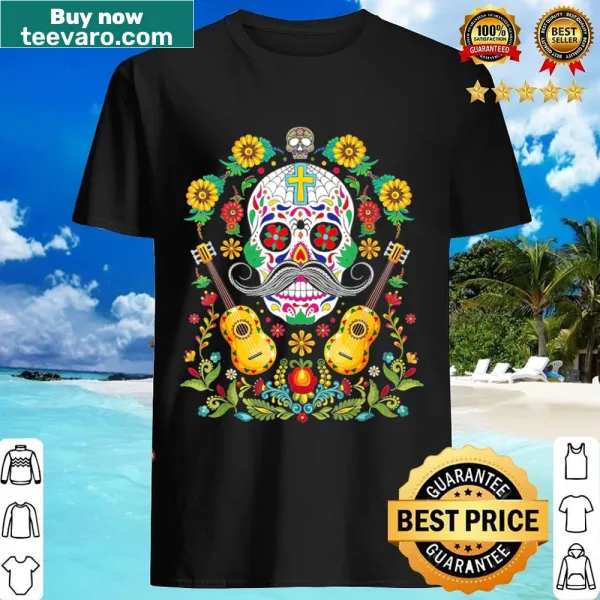 Dia de Muertos shirt featuring a sugar skull and guitar design.