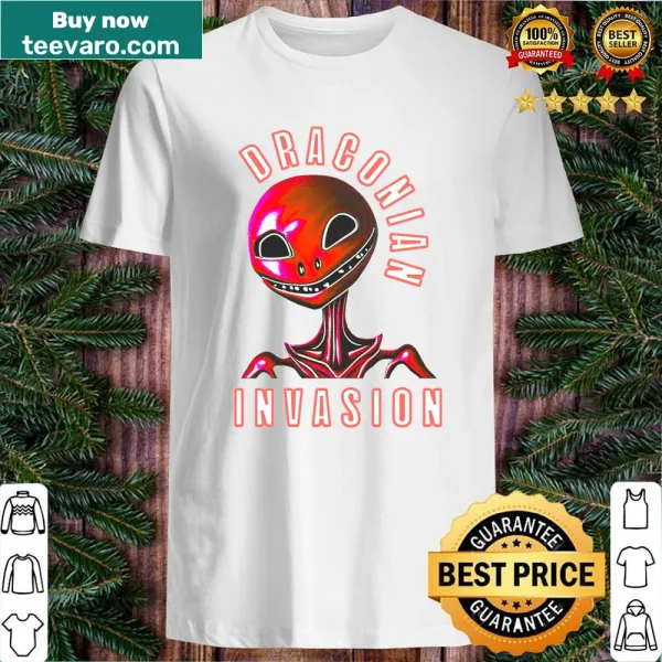 Shirt featuring an illustration of a draconian invasion in a red theme.