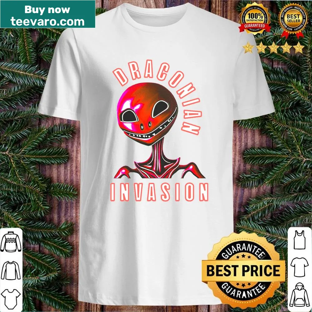 Shirt featuring an illustration of a draconian invasion in a red theme.