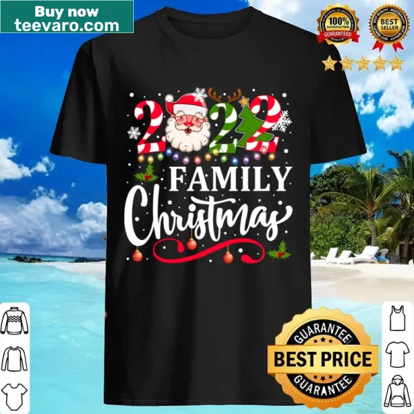 Family-themed Christmas shirt with reindeer and holiday decorations