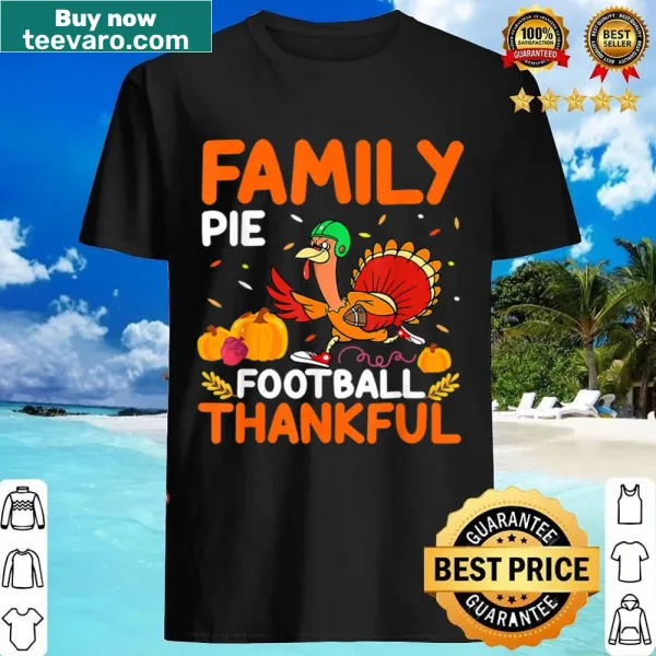Thanksgiving-themed shirt with pie, turkey, and football graphics