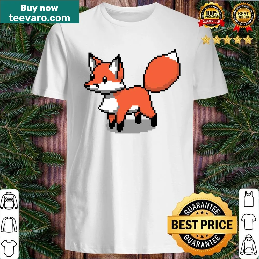 Pixel art graphic of a fox on a casual shirt