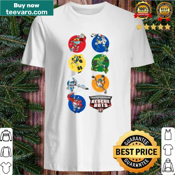 Illustrated shirt featuring a lineup of Rescue Bots in a heroic theme.