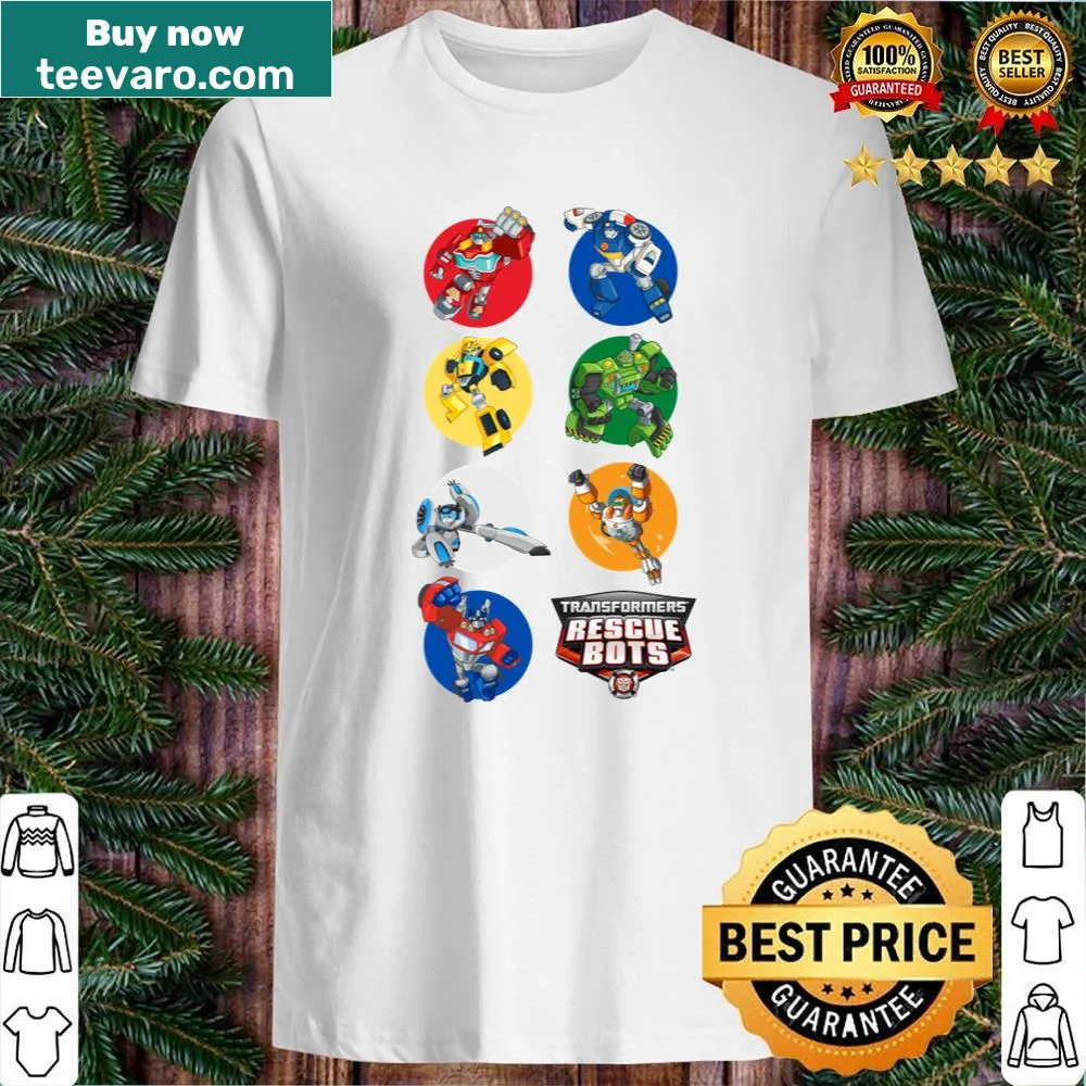 Illustrated shirt featuring a lineup of Rescue Bots in a heroic theme.