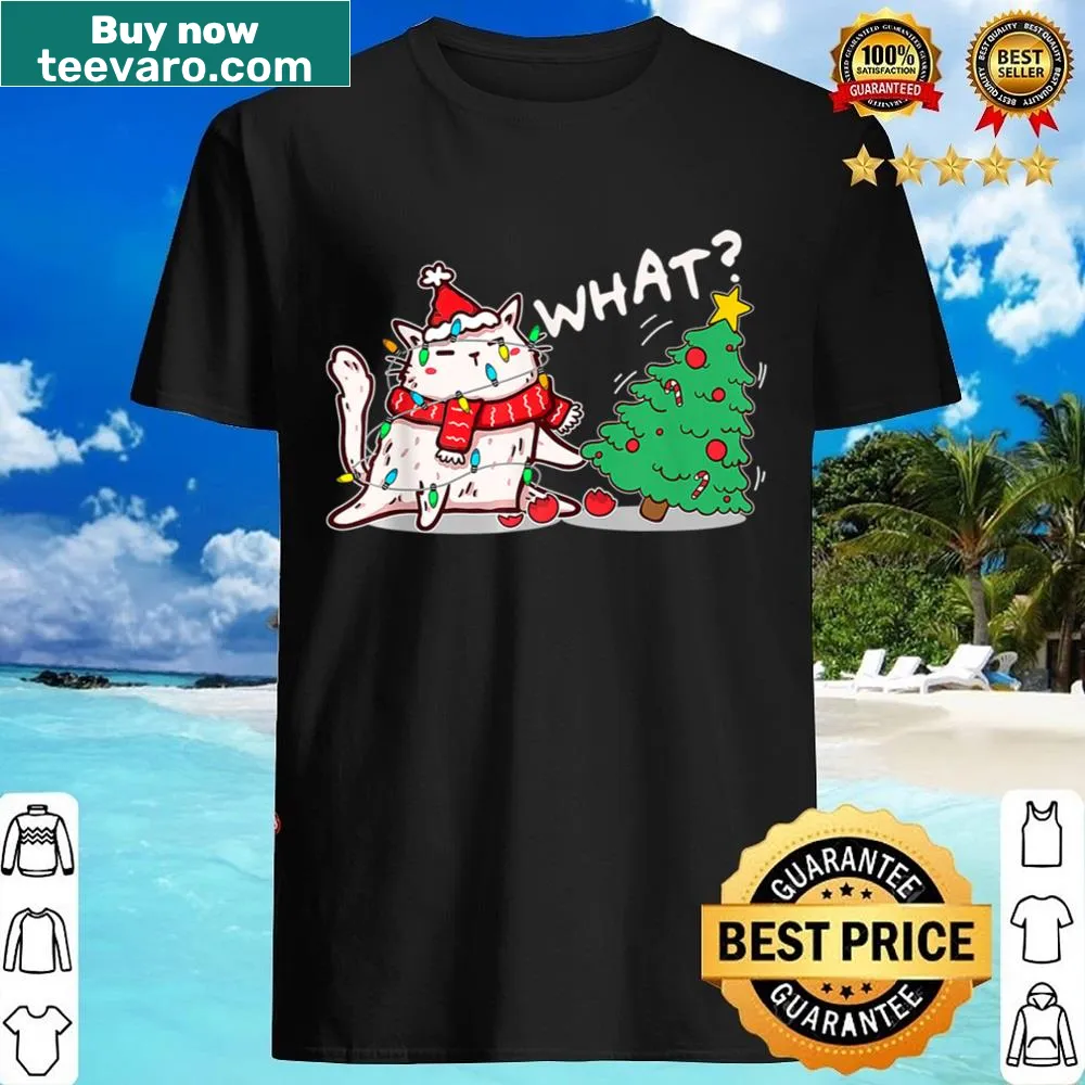 Illustration of a cat pushing over a Christmas tree with festive elements