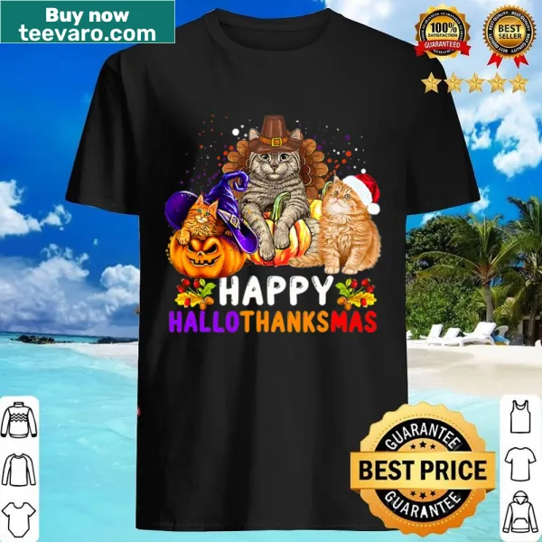 Vintage-style humorous Hallothanksmas t-shirt for cat lovers